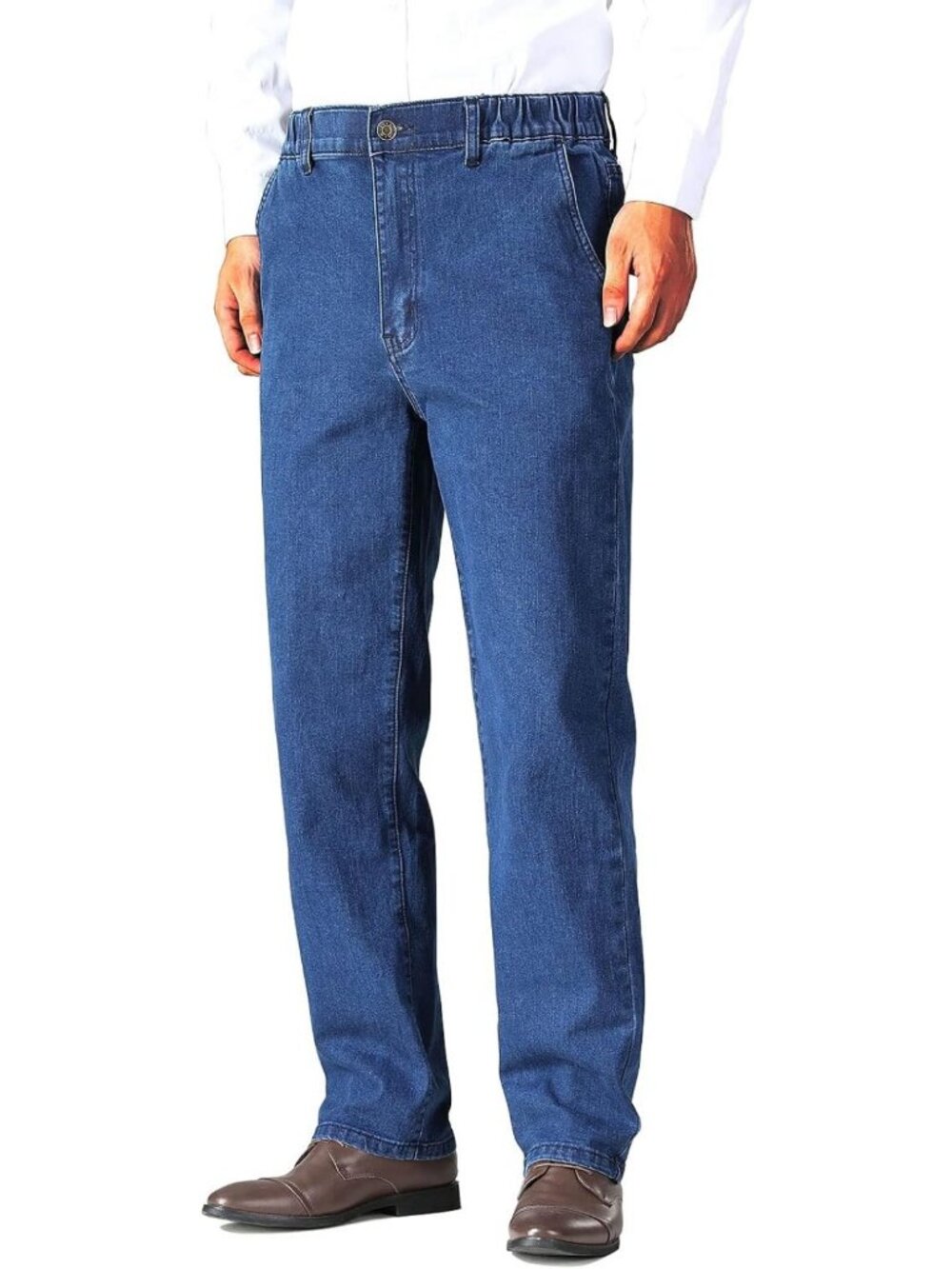 Men's Relaxed Fit Elastic Waist Jeans with Zipper & Button Closure - Casual